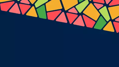 A navy blue graphic with a diagonal pattern of brightly coloured segments.